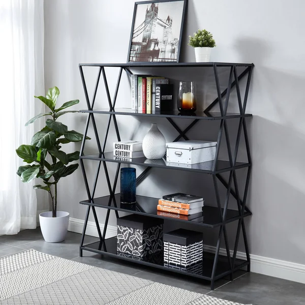 Furniture of America Albaric Modern Black Metal Display Bookcase - 5-Shelf Large