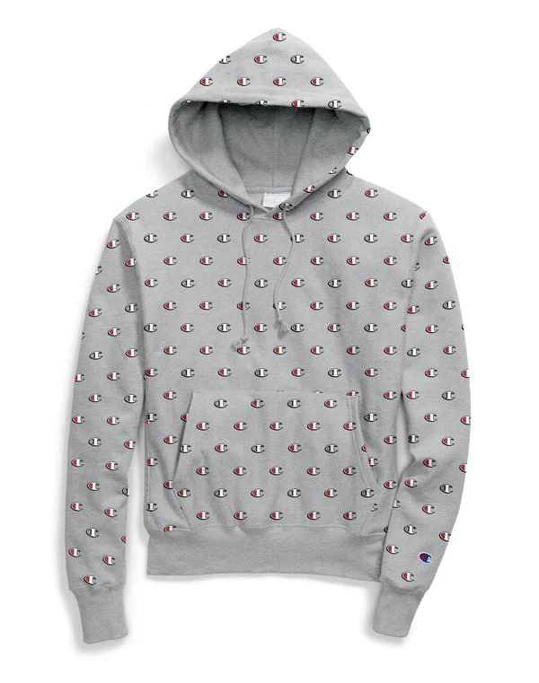 Champion S2974 Life Men's REVERSE Weave Pullover Hoodie, All Over Logo - Scribble Logo Oxford Grey - XL