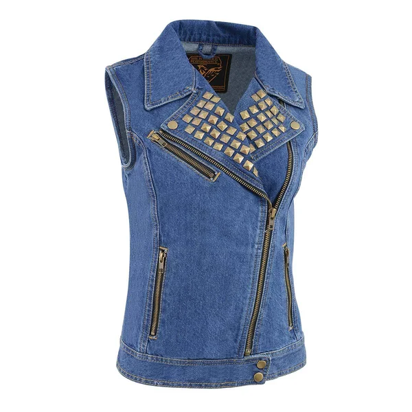 Milwaukee Leather Mdl4030 Ladies Zipper Front Blue Denim Vest with Studded Spikes - Blue - 5X-Large