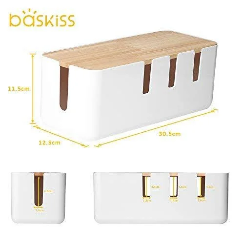 Cable Management Box by Baskiss, 12x5x4.5 Inches, Wood Lid, Cord Organizer for Desk TV Computer USB Hub System to Cover and Hide