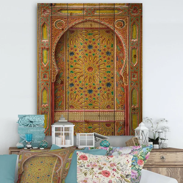 Designart &Moroccan Entrance Door in Fez& Vintage Print on Natural Pine Wood - Multi-Color - 36 in. Wide x 44 in. High