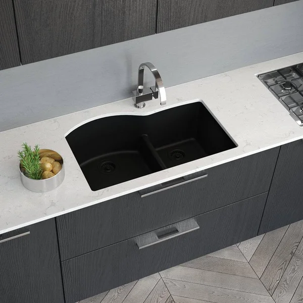 Rene R3-1008-PWT-ST-CGS Pewter Double Offset Bowl Low Divide Undermount Composite Granite Sink with Two Grids and Two Matching C
