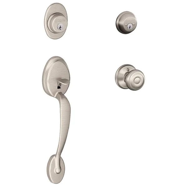 Schlage Plymouth x Georgian Knob Double Cylinder Handleset - Satin Nickel