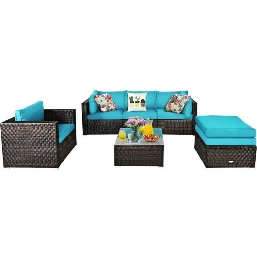 6 Pcs Patio Rattan Sectional Cushion Furniture Set-Turquoise