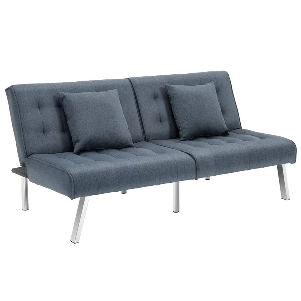 HOMCOM 2-Seater Convertible Sofa Bed with 7 Adjustable Angled Backrest Levels, 2 Pillows, and 5 Steel Legs - Grey