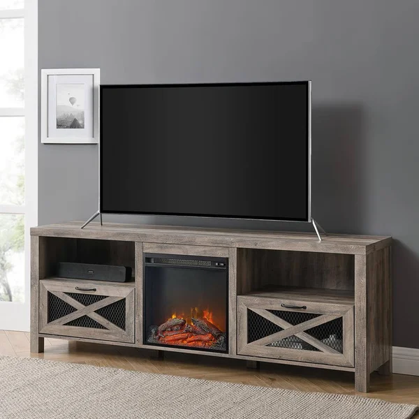 Walker Edison Furniture Company 70 in. Grey Wash Composite TV Stand Fits TVs Up to 78 in. with Electric Fireplace