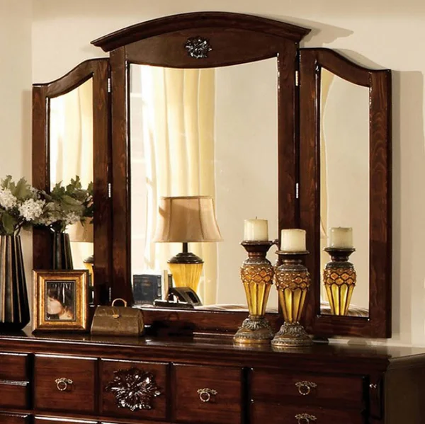 Tuscan II Traditional Style Tri-Fold Mirror Glossy Dark Pine NE621424