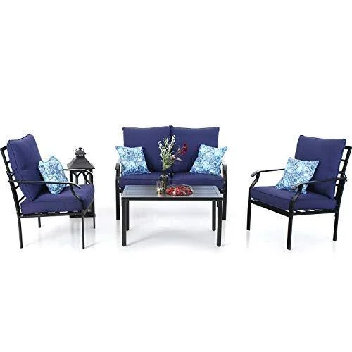 Phi Villa Metal 4 Piece Outdoor Patio Furniture Padded Conversation Set with 1 Loveseat - 2 Chairs, 1 Coffee Table & 4 Free P