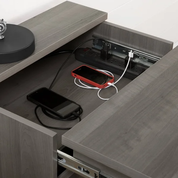 South Shore Versa Nightstand with Charging Station and Drawers, Gray Maple