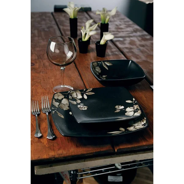 Gibson Elite Lanark 16 Piece Square Dinnerware Set - Black