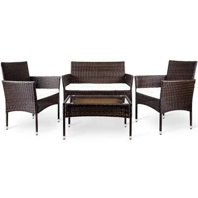 4 Pieces Outdoor Rattan Patio Set for all-weather, Cushioned SEATS (Brown) Winston Porter