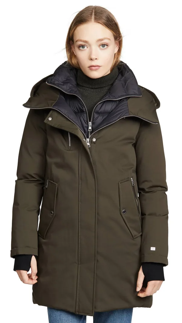 Soiau0026Kyo Belina Mid-Length Classic Down Coat with Puffy Bib - L, Army