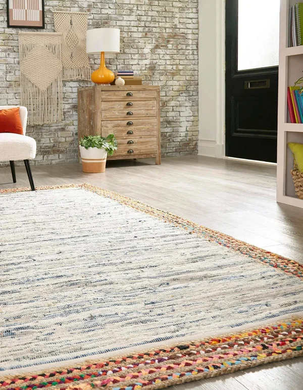 Unique Loom Striped Chindi Jute Rug Ivory - 10& x 8&