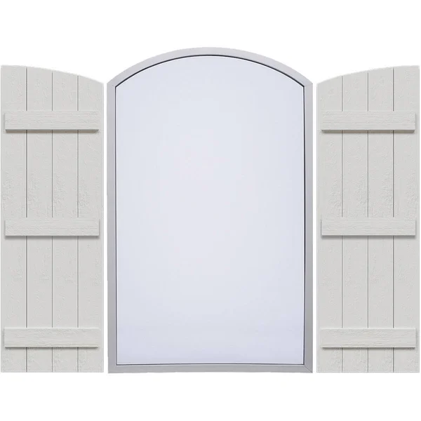 21 1/2 inchw x 74 inchh (66 5/8 inch Low Side) Rustic Four Board Joined Board-n-Batten Faux Wood Shutters w/Elliptical Arch Top