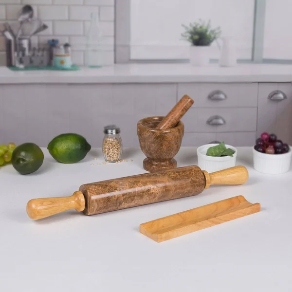 Creative Home 18x22 L Deluxe Genuine Mocha Marble Stone Rolling Pin with Wood Handles & Cradle