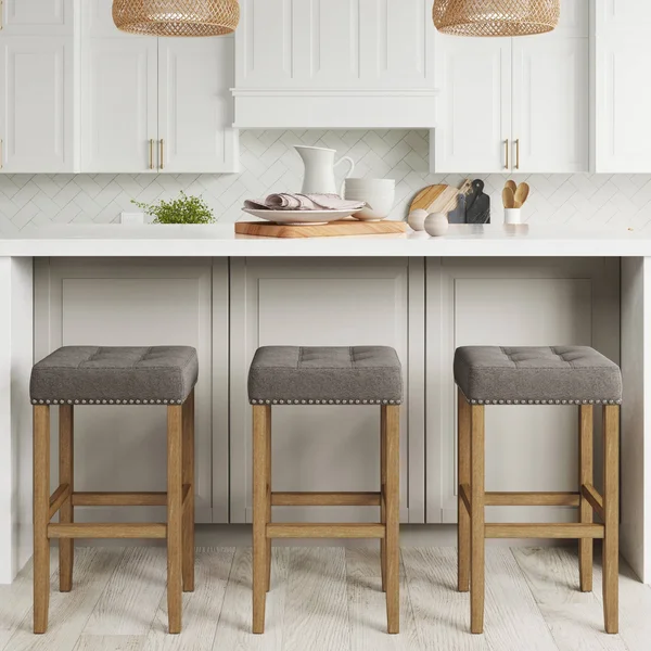 Nathan James Hylie Nailhead Wood Pub-Height Kitchen Counter Bar Stool 29 inch, Gray/Light Brown
