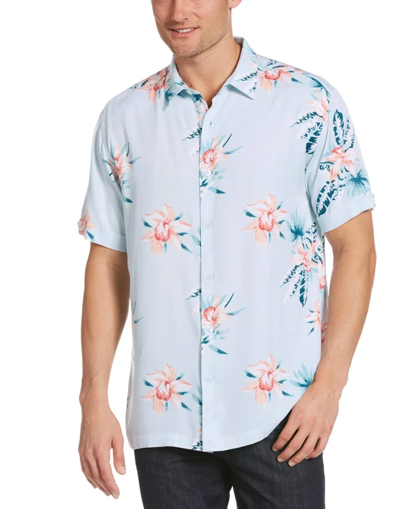 Cubavera Men's Big and Tall Floral Print Short Sleeve Shirt in Delphinium Blue, Size XLT, 100% Viscose