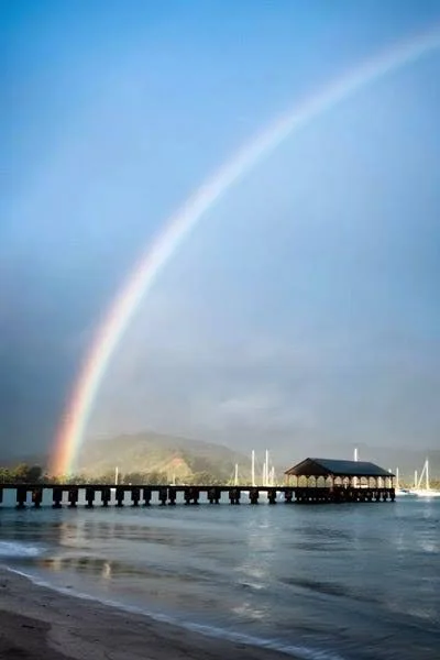 Framed Canvas Art (White Floating Frame) - Rainbows at Hanalei II by Daniel Burt ( scenic & landscapes > Sky > Weath