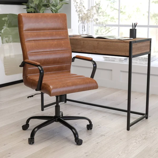 Merrick Lane Contemporary High-Back Brown Faux Leather Home Office Chair with Padded Black Arms