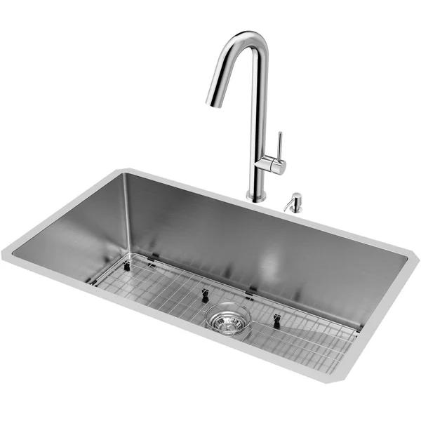 Vigo VG15767 All-in-One 32x22 Mercer Stainless Steel Undermount Kitchen Sink Set with Oakhurst Faucet in Chrome Grid STRAINER an