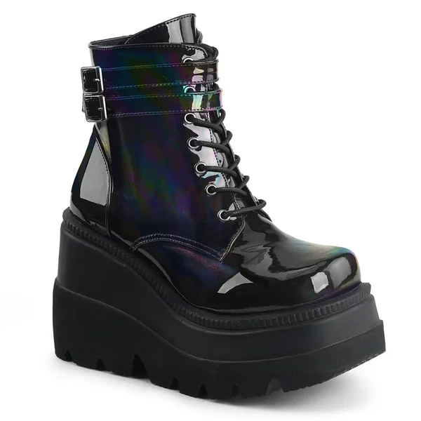 SHAKER-52, 4 1/2x22 Wedge Platform Lace-Up Ankle Boot Black Pat-UV Neon Pink, Size 5