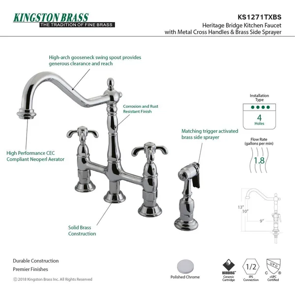 Kingston Brass Ks1271txbs French Country Kitchen Bridge Faucet with Brass Sprayer - Chrome