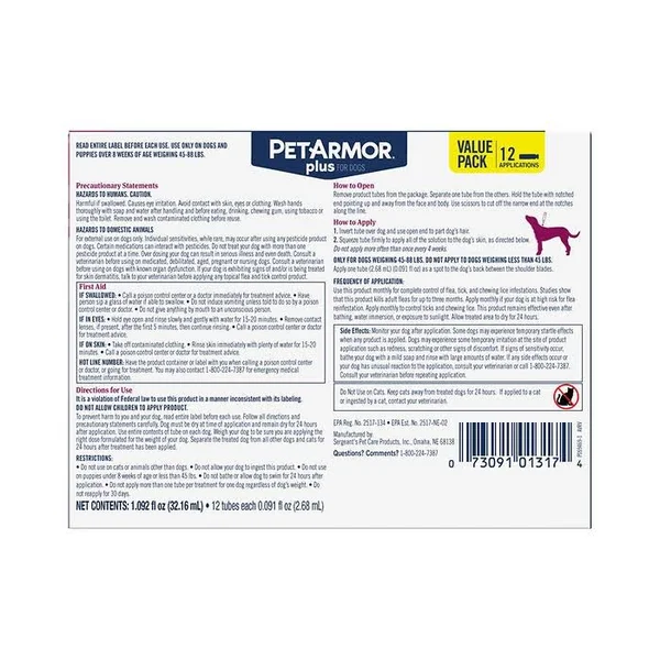 PetArmor Plus for Dogs Flea - Tick & Lice Formula 45-88 lbs, 12 Applications