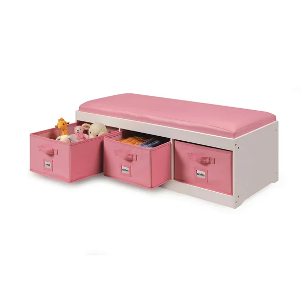 Badger Basket Kid's Storage Bench with Cushion and 3 Bins in White/Pink