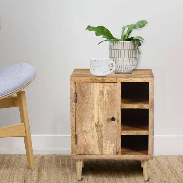 The Urban Port Transitional Mango Wood Side Table with Open Cubbies and Door Storage, Natural Brown