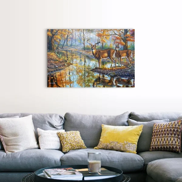 Brookside Retreat - Whitetails - Canvas Wall Art, 48x32, Great Big Canvas
