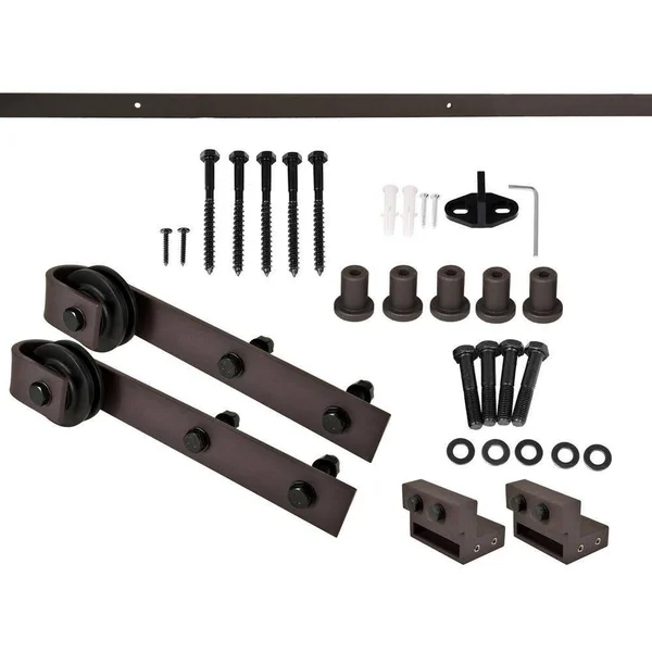 CALHOME 84 in. x 84 in. Z Bar Series Cherry Red Stained Solid Pine Wood Interior Double Sliding Barn Door with Hardware Kit