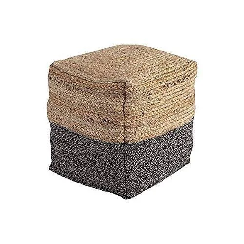 Natural Jute Ottoman Beige Braided Rows Square Pouf Grey Fabric Bottom Modern Braid Weave Rectangular Footstool Sitting Area Cot
