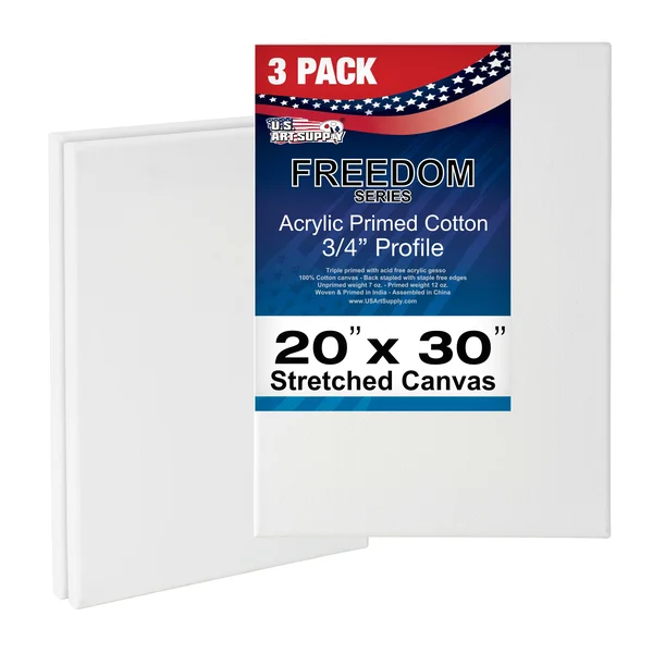 U.S. Art Supply 20 x 30 inch Stretched Canvas 12-Ounce Primed 3-Pack - Professional White Blank 3/4 inch Profile Heavy-Weight Ge