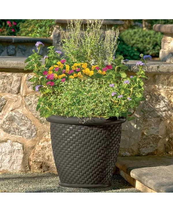 Suncast 18 x 16.5 inch Wicker Resin Dirt Pot Garden Planter - Dark Brown (2 Pack)