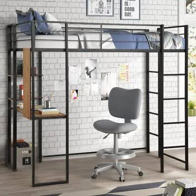 Metal Loft Bed Frame with 2 Shelves and One Desk Mason & Marbles Color: Black - Size: Full, Double