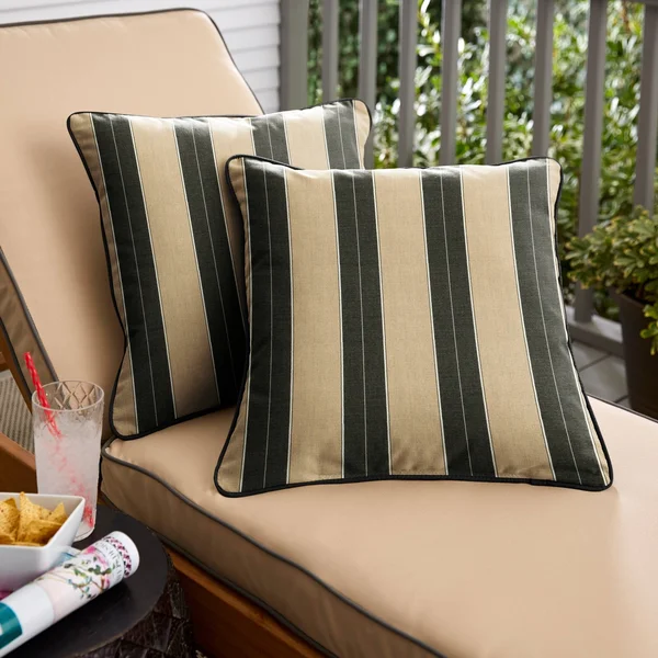 Sunbrella Beige Black Stripe with Black Indoor/Outdoor Square Pillows Set of 2 - 22 in