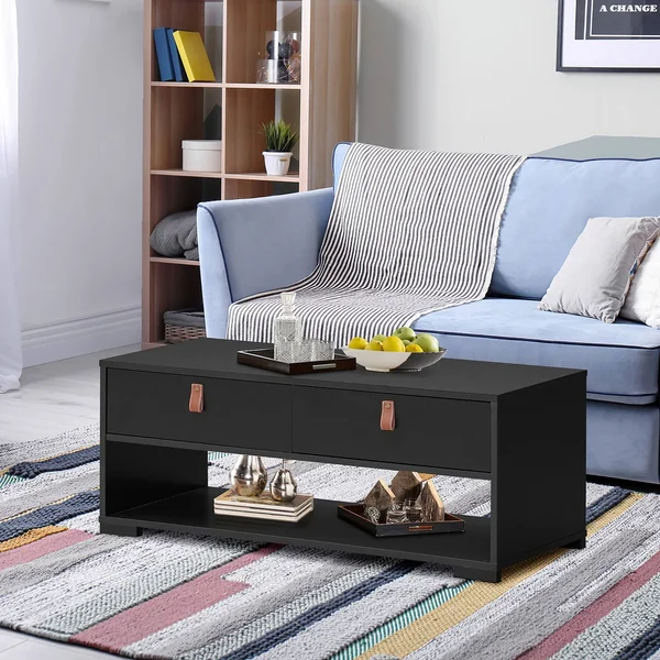 Costway Coffee Table Wood Accent Cocktail Table w/ 2 Drawers & Open Storage Shelf Black