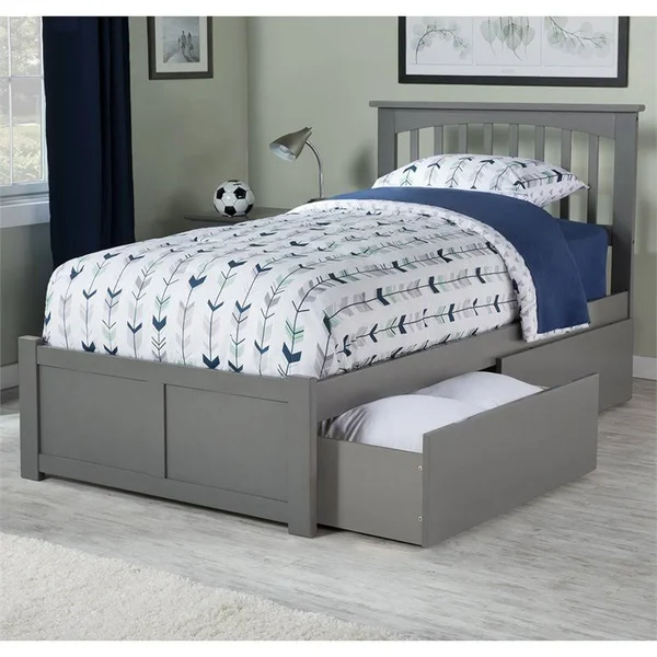 Atlantic Mission Platform Bed W/FLAT Panel Footboard & 2 Urban Bed Drawers in Atlantic Grey Twin XL