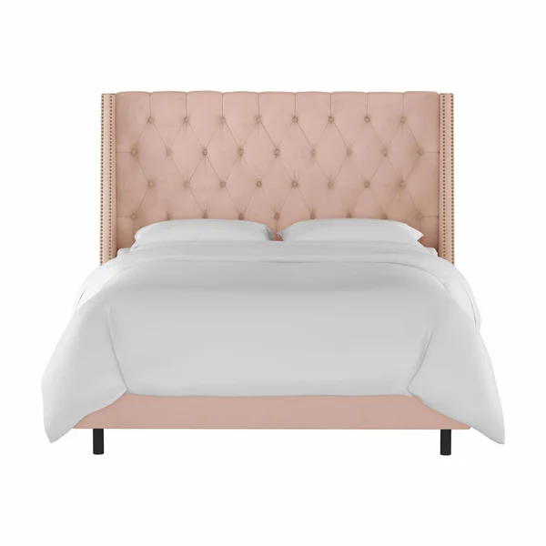 Skyline Furniture Velvet Button Tufted Nailhead Wingback Upholstered Panel Bed, Size: Twin, Soft Pink