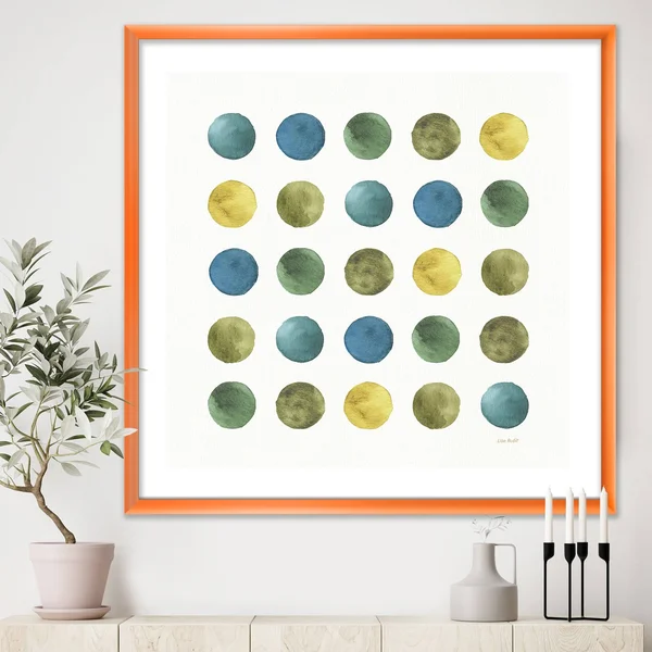 Designart 'Green Tones Geometric Circles' Mid-Century Modern Framed Art Print - 30 in. Wide x 30 in. High - Orange