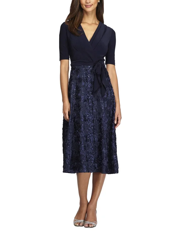 Alex Evenings Women's Rosette Tea-Length Dress, Blue 16
