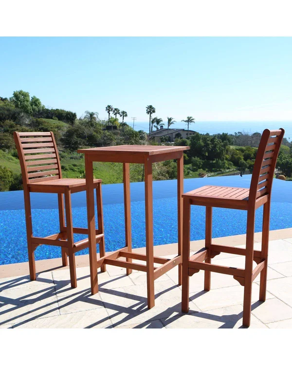 3-Piece Brown Natural Wood Finish Outdoor Patio Furniture Bar Set 49x22