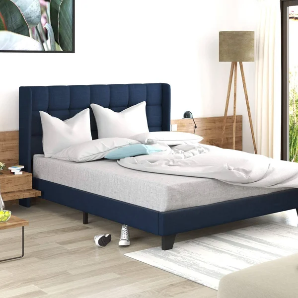 Navy Blue Queen Size Platform Bed Frame Wingback Fabric Upholstered