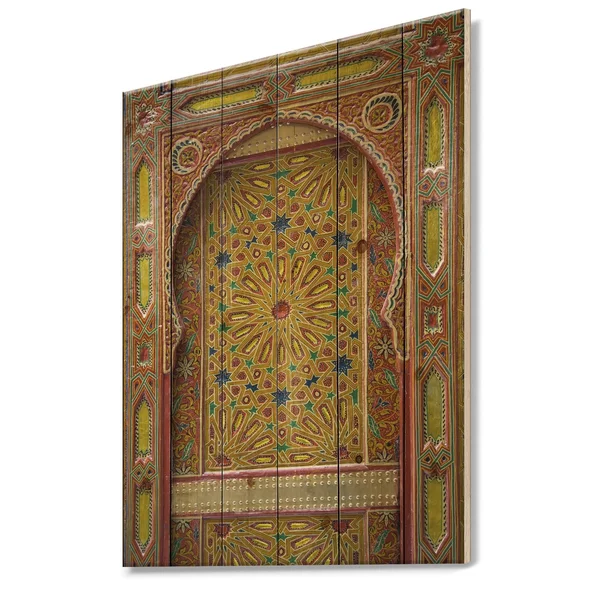 Designart &Moroccan Entrance Door in Fez& Vintage Print on Natural Pine Wood - Multi-Color - 36 in. Wide x 44 in. High