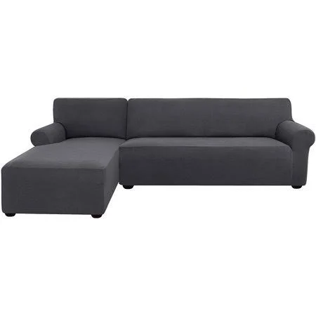 Subrtex Stretch 2-Piece Textured Grid L-Shaped Sectional Sofa Slipcover (3-Seater Right Chaise, Gray)
