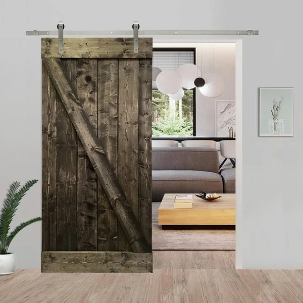 CALHOME 24 in. x 84 in. Z Bar Espresso Stained Solid Knotty Pine Wood Interior Sliding Barn Door with Sliding Hardware Kit - Brow