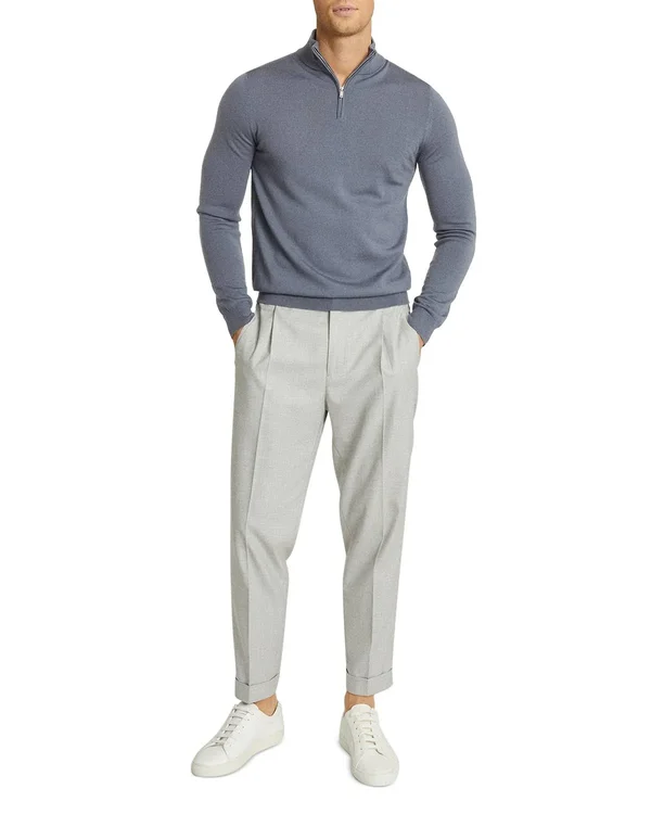 Reiss Blackhall - Merino Wool Zip Neck Jumper in Soft Grey Mouline - Mens, Size XL