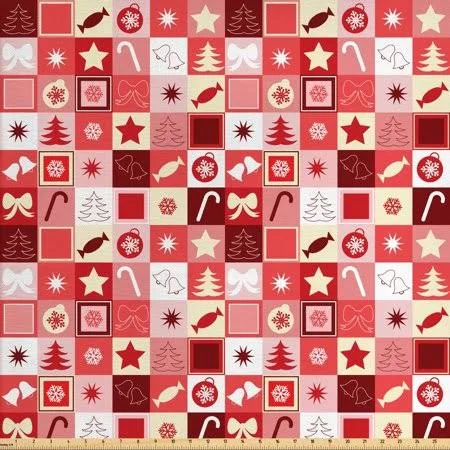 Ambesonne Christmas Fabric by The Yard, Xmas Candy Cones Stars Ribbons Hand Bells Pines Ornaments in Boxes, Upholstery Fabric fo