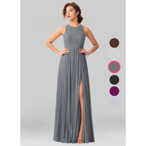 Azazie A-Line/Princess Scoop Floor-Length Chiffon Bridesmaid Dresses - Steel Grey