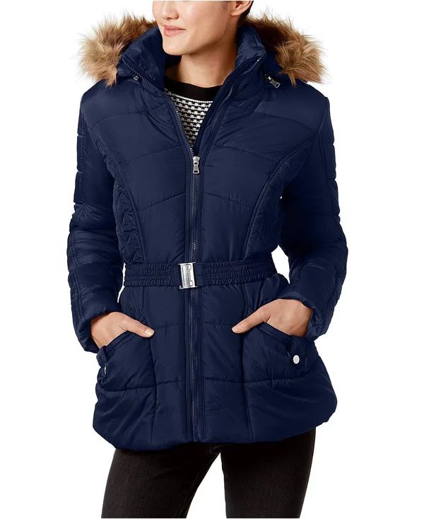 Rampage Womens Faux-Fur-Trim Belted Puffer Coat Navy M